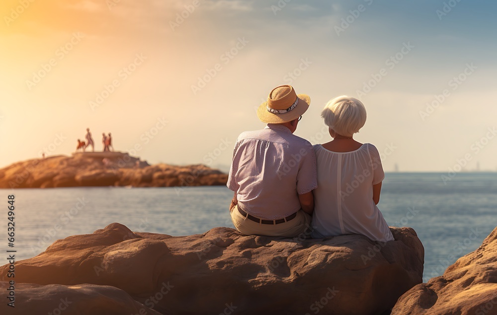 Senior couple sitting on the rock and looking at the sea at sunset Senior couple sitting on the rock and looking at the sea at sunset