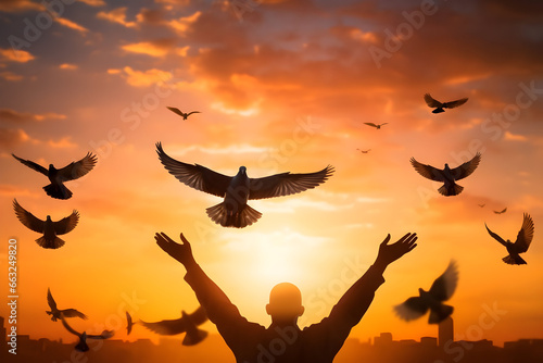 The Silhouette of a Pigeon Returning to Outstretched Hands in Vibrant Sunlight at Sunrise or Sunset
