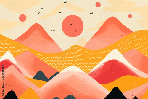 Sunset over mountains quirky doodle pattern, wallpaper, background, cartoon, vector, whimsical Illustration