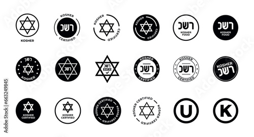 Amazing Set of Kosher Certified symbols. International symbols of kosher food. Packaging concept.
