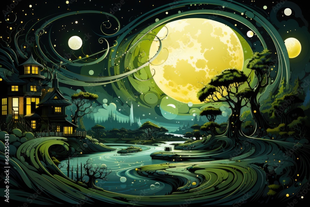 A painting of a night scene with a full moon. AI image.