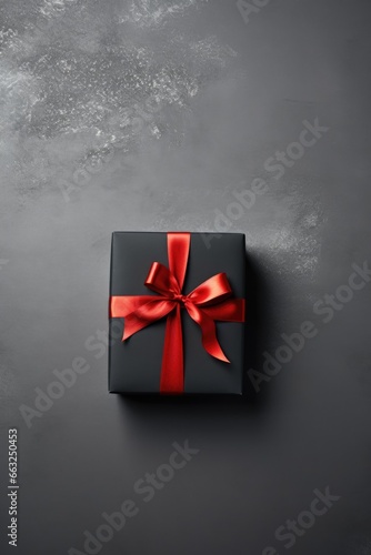 Christmas gift box with red ribbon on black background.