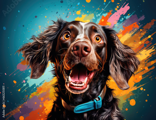 multicolored background with the image of a hungry dog, with funny facial expressions. Generative AI