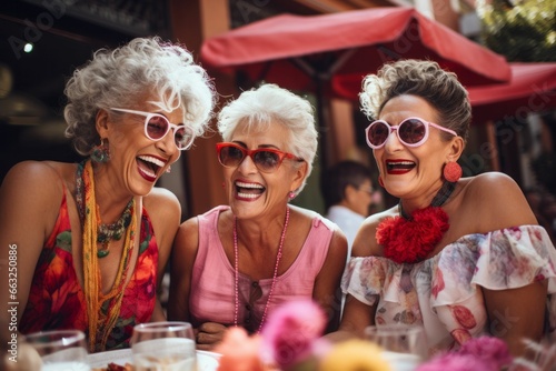 Lebensfrohe ältere Frauen feiern ausgelassen auf Straßenfest - Spaß, Glück und Freude bei Cocktails und Drinks bei einer Party