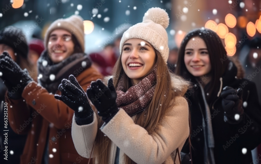 Happy young friends laughing and having fun in winter. AI generative Happy young friends laughing and having fun in winter. AI generative