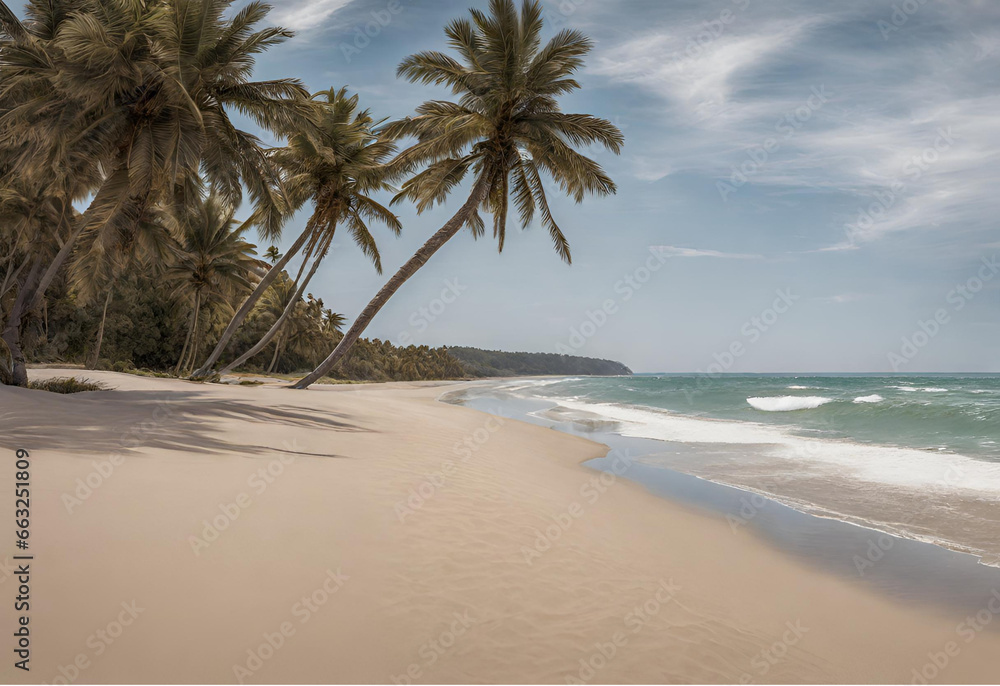 A serene beach scene with the sun rising over the horizon.