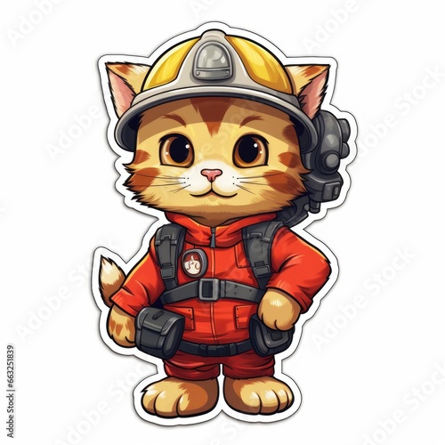 A cartoon cat wearing a fireman's uniform. Digital art. © tilialucida