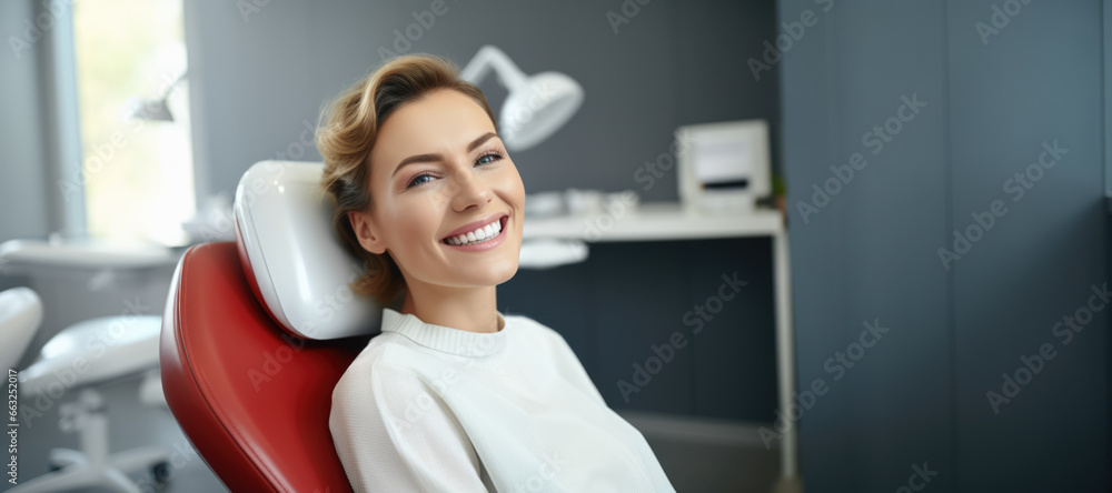 smiling woman with beautiful teeth sitting in destist´s chair smiling woman with beautiful teeth sitting in destist´s chair