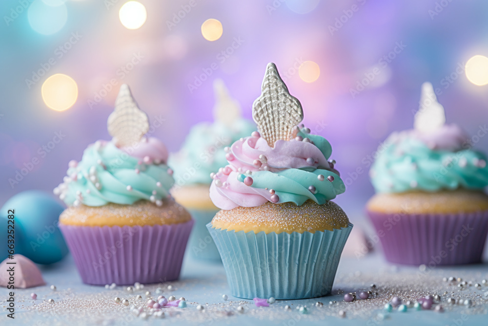 mermaid themed birthday party: mermaid shell pastel color cupcakes on a pastel bokeh background mermaid themed birthday party: mermaid shell pastel color cupcakes on a pastel bokeh background