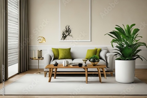 Minimalist home interior design of modern living room, panorama. interior plants vase Room designer 