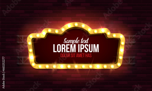 Shining retro billboard on brick wall background. Vintage bright sign board for your design. Vector illustration.