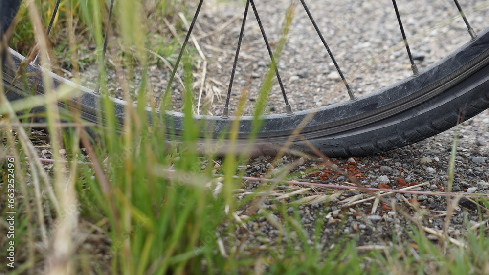 A flat tire of a bicycle next to the road between Lomello and Montariolo in Italy, in the month of May A flat tire of a bicycle next to the road between Lomello and Montariolo in Italy, in the month of May