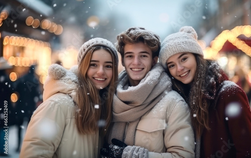 Three happy friends standing at each other in a Christmas market Merry Christmas. AI Generative