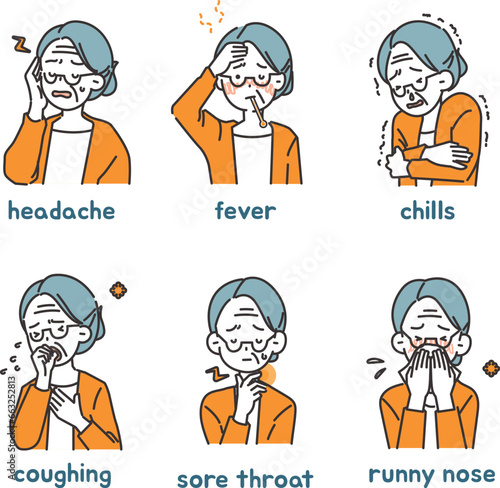 Illustrations of people with colds - elder woman photo