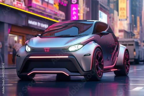 Small Compact Electric Car Navigating City Streets Created with Generative AI © dendyh7