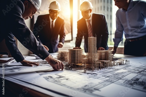 A team of engineers and architects meetings discussions design, planning, and measurement of building layouts in the construction area. Construction and structural concepts of Engineer or Architect