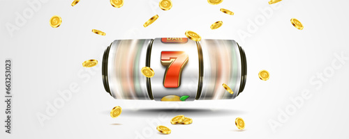 Slot machine with golden coins. Lucky seven on slot machine. Vector illustration.