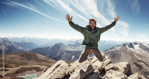 hombre feliz en la cima de una montaña photo