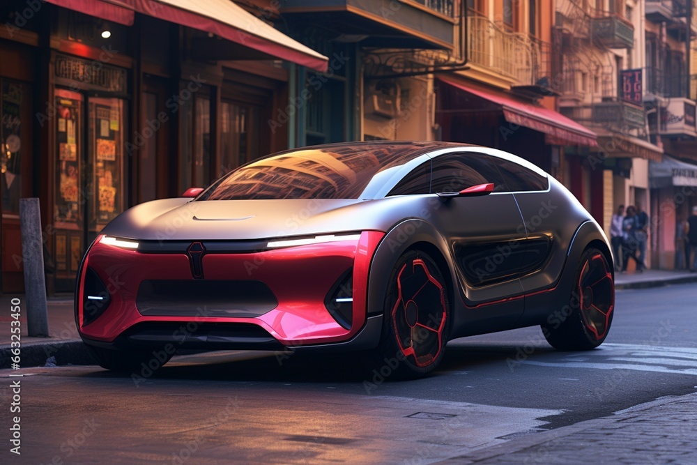 Small Compact Electric Car Navigating City Streets Created with Generative AI Small Compact Electric Car Navigating City Streets Created with Generative AI
