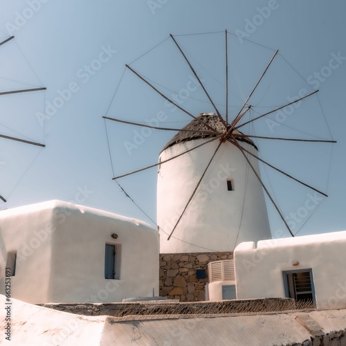 Close-up of a classic Greek windmill in Mykonos, Greece