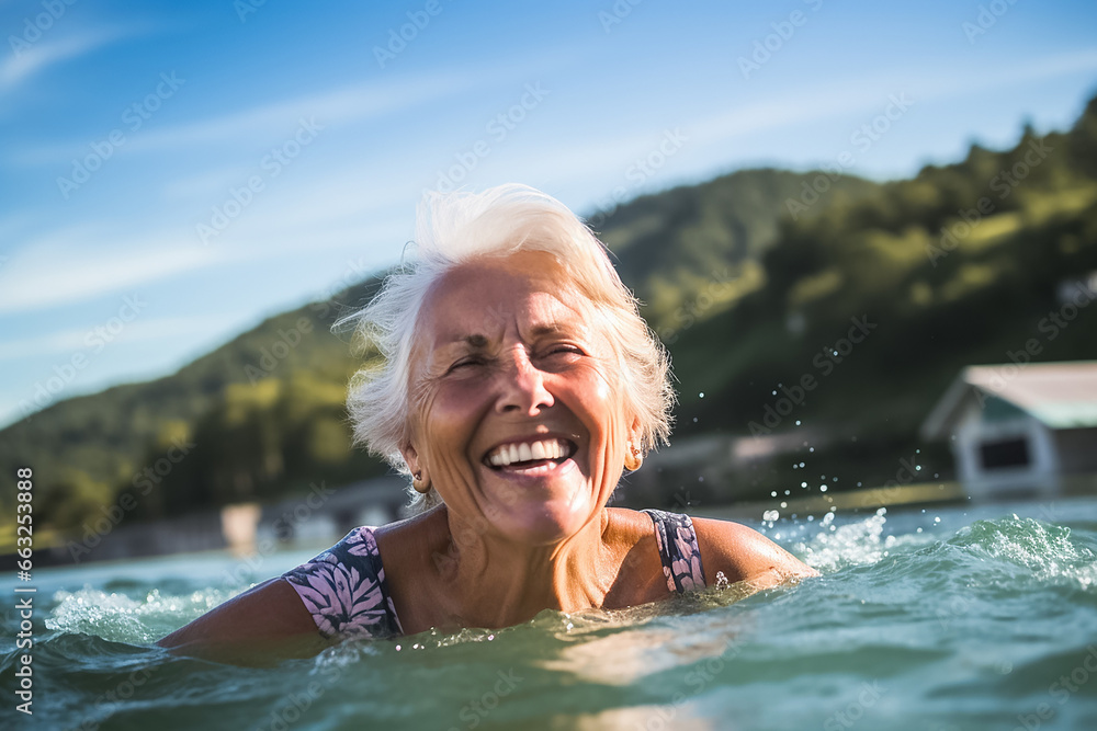 The portrait of an elderly woman in a swimsuit is swimming in the sea joyfully under sunshine and bright blue sky, Generative AI.