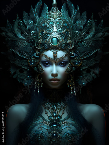 Dark mystic woman with golden jewellery and blue skin
