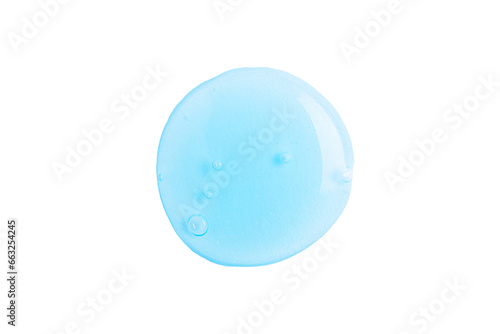 Transparent blue cosmetic sample texture isolated on white background. Cosmetic serum swatch. Cosmetic blue peeling gel, beauty texture background.