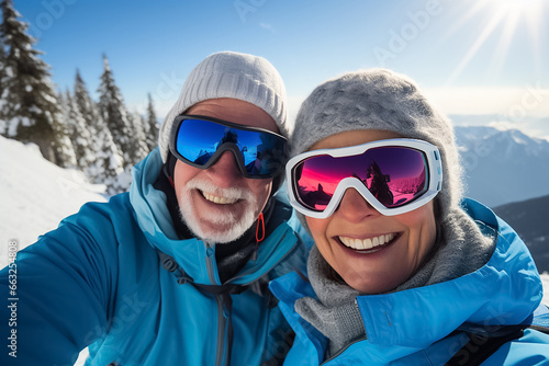 The portrait of a happy elderly couple in colorful skiing outfit are hiking the mountain covered by snow in the winter season, Generative AI.