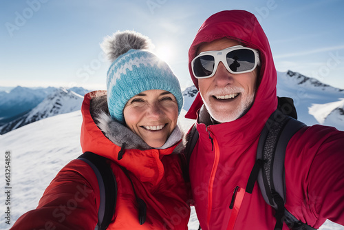 The portrait of a happy elderly couple in colorful skiing outfit are hiking the mountain covered by snow in the winter season, Generative AI.