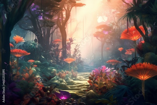 Colorful forest with fantastical plants in misty atmosphere. Artistic 2D rendering. Generative AI