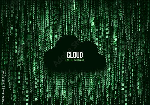 Cloud online storage constructed with numbers one and zero. Cloud computing. Vector illustration.