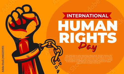 World Human Rights Day with a Raised fist released from chain shackles