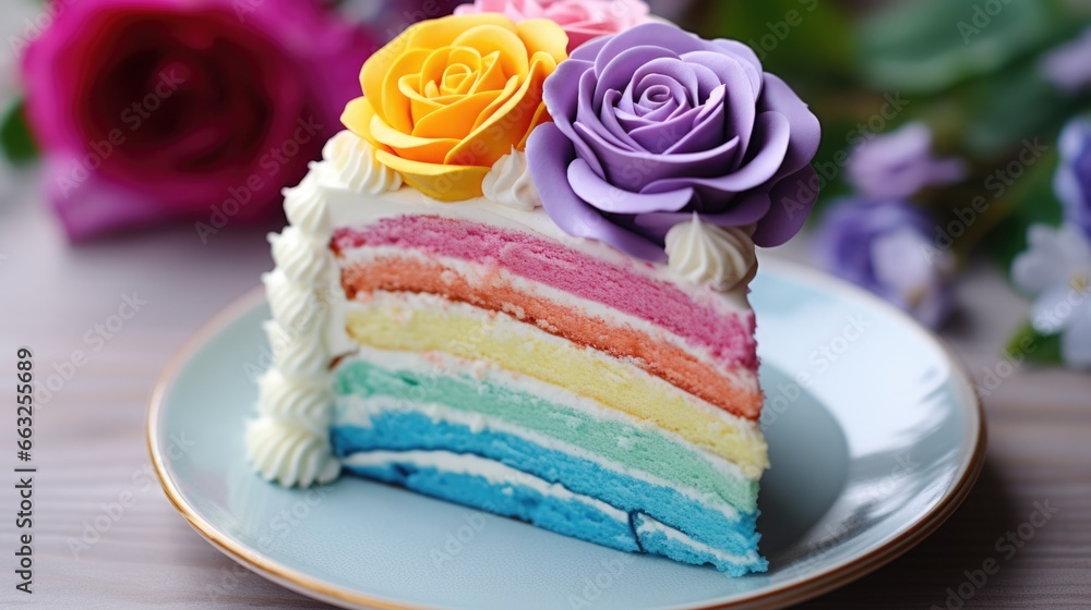 A slice of rainbow cake on a plate. AI image. A slice of rainbow cake on a plate. AI image.