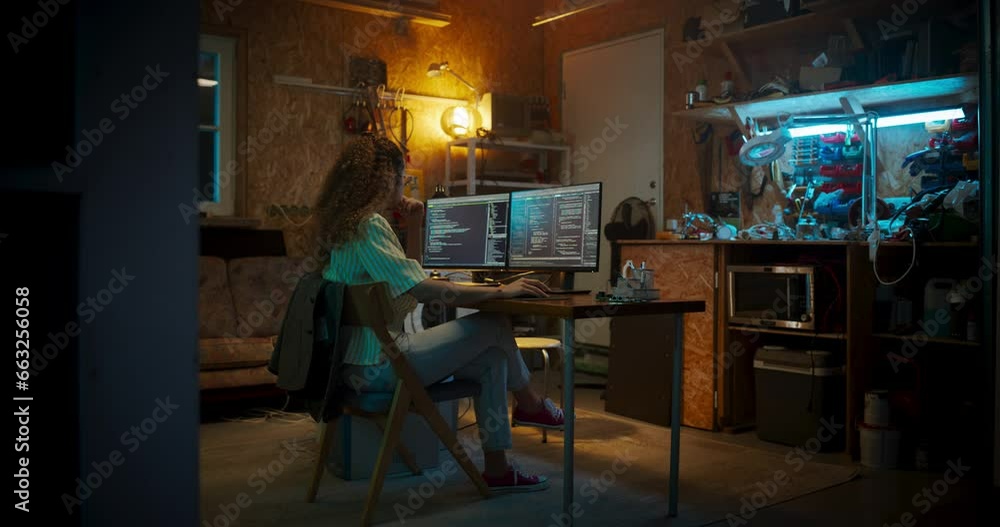 Hispanic Female Programmer Writing Code On Desktop Computer In Garage At Home. Woman Working On Innovative Software As A Service Startup For Business At Night. Digital Entrepreneur Starting Company. Hispanic Female Programmer Writing Code On Desktop Computer In Garage At Home. Woman Working On Innovative Software As A Service Startup For Business At Night. Digital Entrepreneur Starting Company.