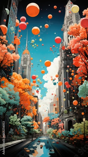 A painting of a city street filled with balloons. AI image.