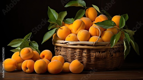 Abundant basket filled with the sweetness of ripe, golden apricots, a taste of nature's golden goodness. Fresh, succulent, hand-harvested, sweet, organic, mouthwatering. Generated by AI