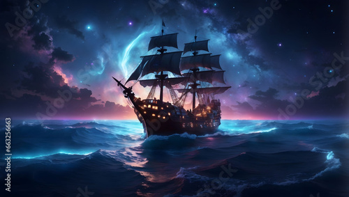 Pirate ship with galaxy on the sky