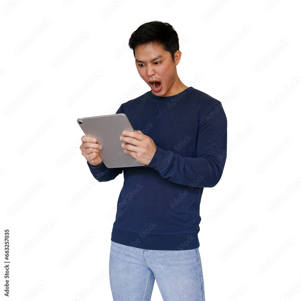 close up asian man with startled emotion during use application for read news on website on digital tablet with isolated on transparent background for lifestyle and design png concept close up asian man with startled emotion during use application for read news on website on digital tablet with isolated on transparent background for lifestyle and design png concept