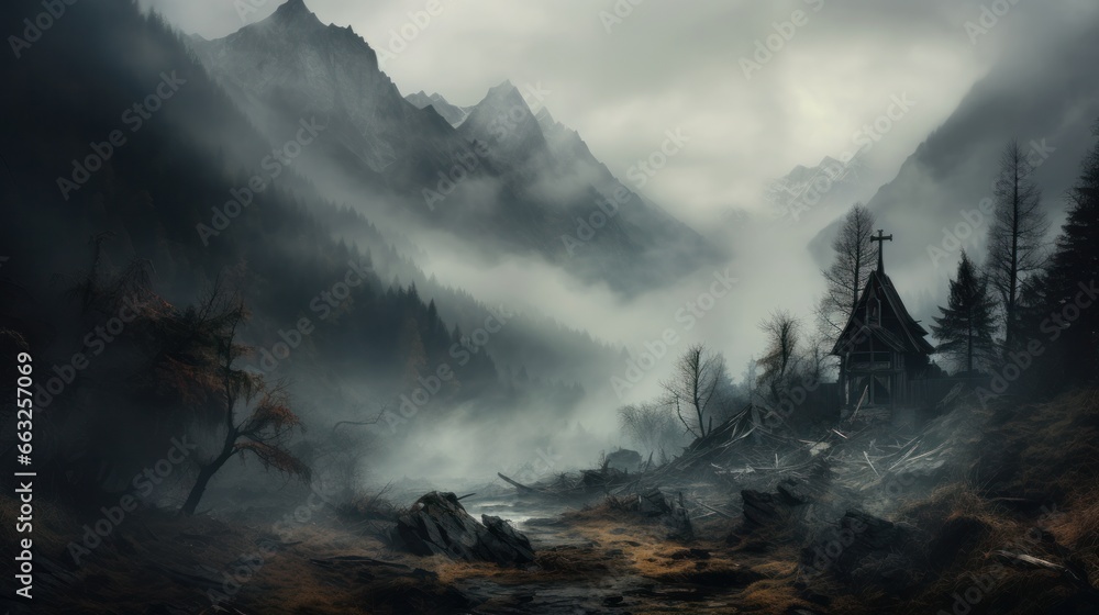 Moody Nature / autumn, scarry and foggy mountains - obrazy, fototapety, plakaty 