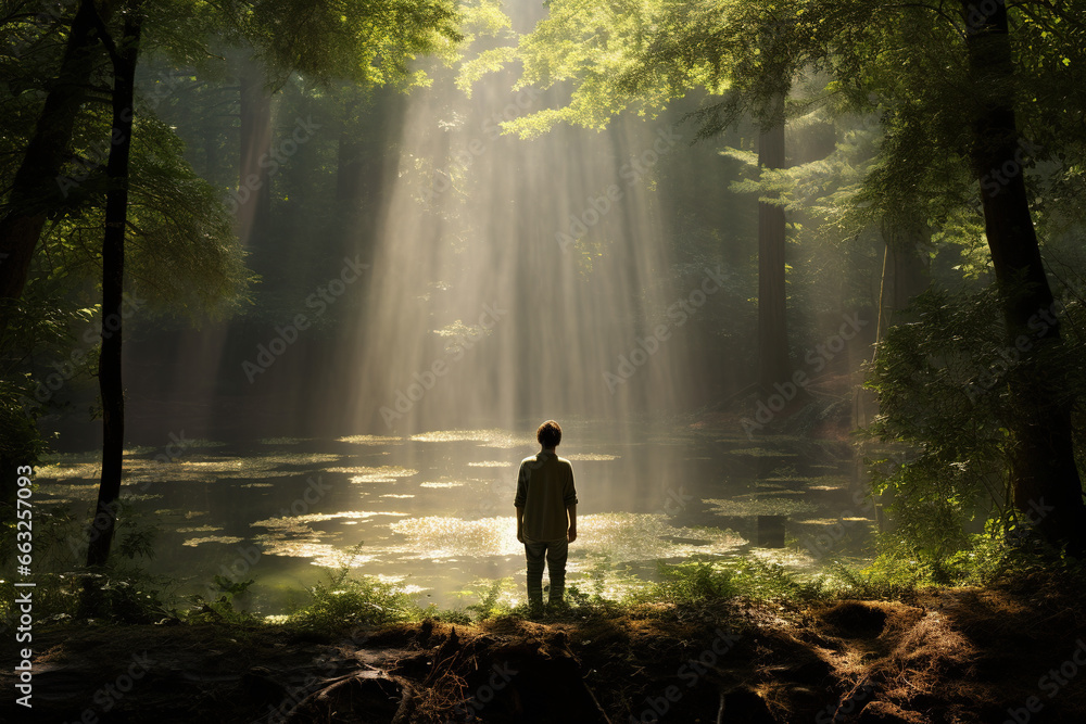 A person stands in a tranquil forest glade.It brings about a sense of calm, rejuvenation and the profound healing powers that the natural world offers. human spirit , - obrazy, fototapety, plakaty 