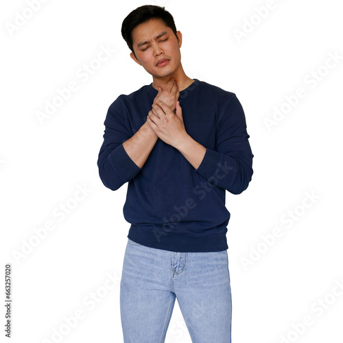 close up young asian man frowning on face after feeling pain from sore throat symptom or thyroid isolated on transparent background for health lifestyle and png design concept