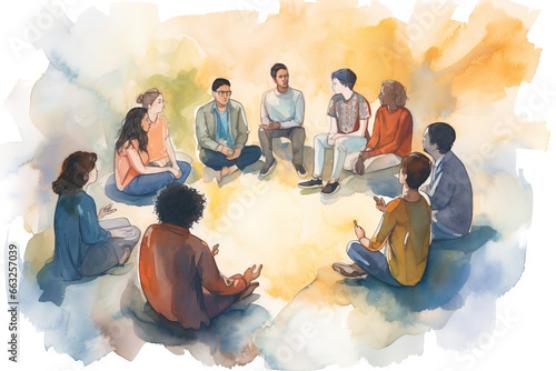 a person sitting in a circle with a diverse group of individuals, engaged in a supportive discussion