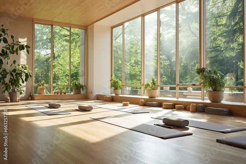 A yoga studio with large windows, allowing gentle sunlight to fill the room, and mats arranged neatly