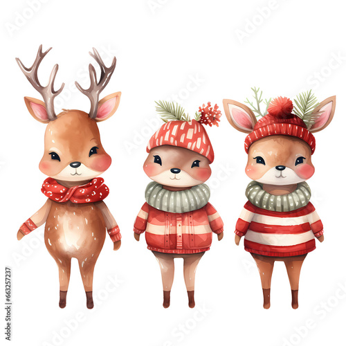 watercolor cute christmas costume reindeer family. © sapannpix