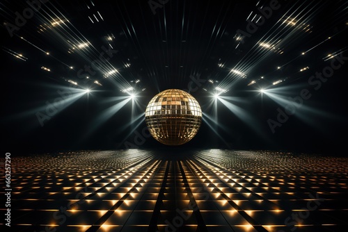 Golden disco ball in a dark empty room. Reflections of light on a disco ball