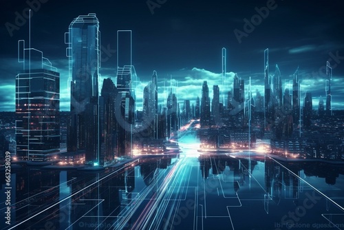 Futuristic urban panorama with luminescent lights. Generative AI