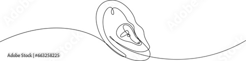 Hearing aid in human ear continuous one line drawing. Hearing device minimal single line illustration. International week of the deaf vector.