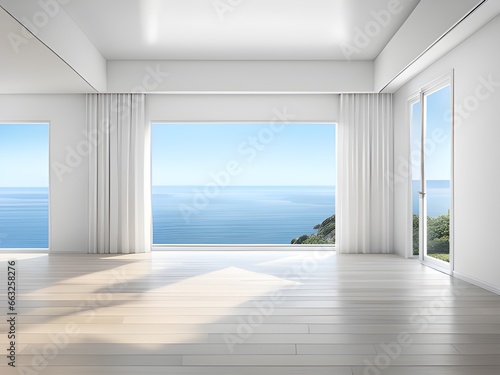 3d rendering empty room with windows on blue sky
