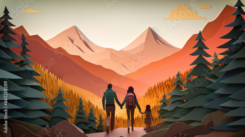 Adventurous family hiking in the mountains appreciating natures beauty made in paper cut craft