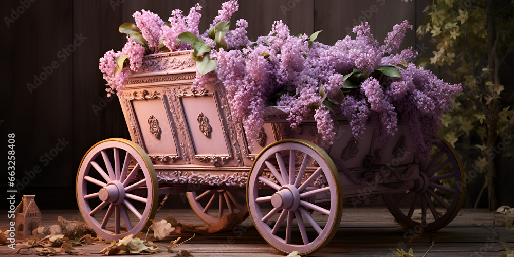 cart with flowers, Purple cart with purple flowers in the garden, generative AI